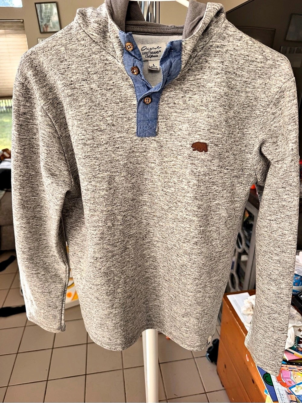 Lucky Brand Thermal Henley Pullover Hoodie Gray & Blue Boys Large